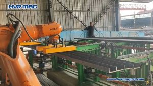 robotic arm palletizing steel U channel with electro permanent magnetic grippers